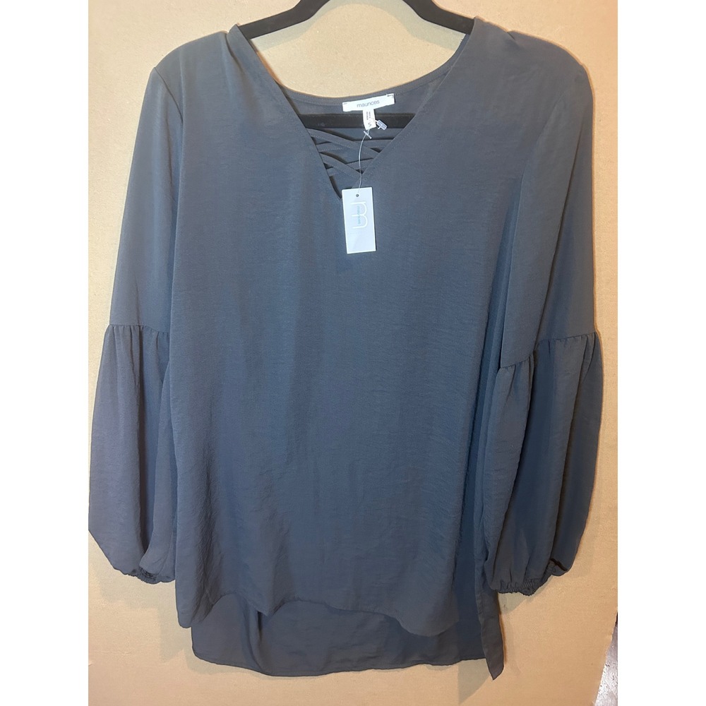 Maurices Blouse Womens Small Gray NWT Lattice V-Neck Puff Sleeve High-Low Top